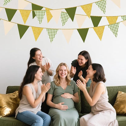 Sage Green Gold Buffalo Plaid Pennant Banner Flag Oilve Green Gold Hanging Glitter Paper Triangle Bunting for Birthday Neutral Baby Shower Wedding Safari Jungle Woodland Party Decorations Supplies