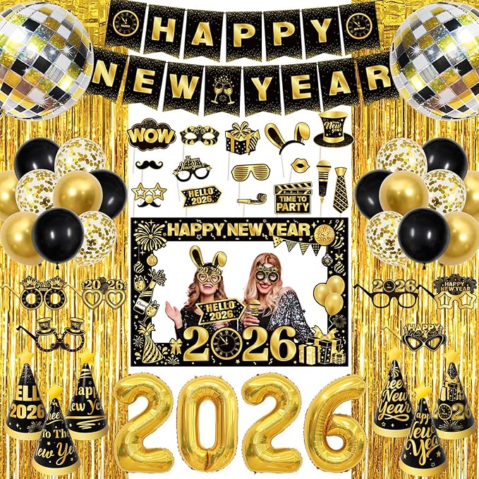 2026 New Year Decorations Party Supplies Kit with Banner, Photo Props, Glasses, Hats, 2026 Foil Balloon, Fringe Curtains and Latex Balloons for New Years Eve Celebration