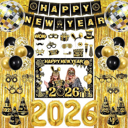 2026 New Year Decorations Party Supplies Kit with Banner, Photo Props, Glasses, Hats, 2026 Foil Balloon, Fringe Curtains and Latex Balloons for New Years Eve Celebration