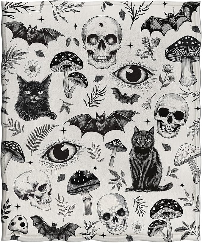 Jekeno Gothic Skull Blanket Cat Bat Mushroom Gifts for Women Men Kids Girls Boys Mom Wife Husband Dad Halloween Birthday Christmas Skeleton Horror Dark Presents Home Bedroom Room Decor Throw 50"x60"