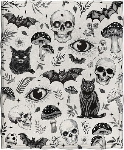 Jekeno Gothic Skull Blanket Cat Bat Mushroom Gifts for Women Men Kids Girls Boys Mom Wife Husband Dad Halloween Birthday Christmas Skeleton Horror Dark Presents Home Bedroom Room Decor Throw 50"x60"