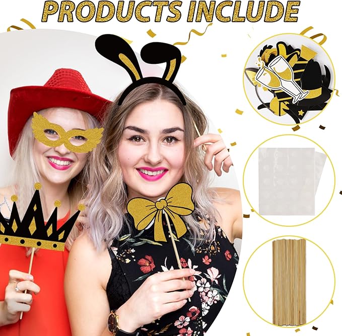 Photo Booth Props, Kaluofan 25PCS Black and Gold Party Decorations, Funny Photo Party Props Accessories for Adults and Kids, Photo Booth Props for Wedding Birthday Christmas New Year‘s Eve