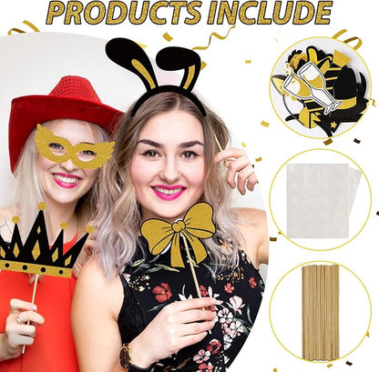 Photo Booth Props, Kaluofan 25PCS Black and Gold Party Decorations, Funny Photo Party Props Accessories for Adults and Kids, Photo Booth Props for Wedding Birthday Christmas New Year‘s Eve