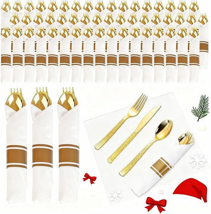 WELLIFE 400PCS Gold Plastic Silverware, Pre Rolled Silverware Set Disposable,Plastic Cutlery Includes: 100 Forks, 100 Knives, 100 Spoons, 100 Napkins, Cutlery Set Disposable for Christmas
