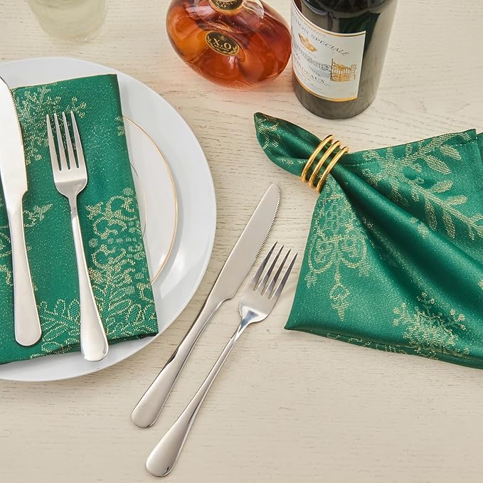 Cloth Napkins Set of 8–Square Jacquard Sparkling Metallic Snowflake Fabric Polyester Washable Reusable Cloth Napkins for Kitchen Dinner Dining Restaurant Wedding Table(Hunter Gold/17x17 Inch)