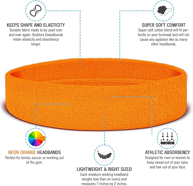 Suddora Workout Headband for Men and Women, Moisture-Wicking Athletic Sweatband, Lightweight Cotton Terry Cloth Bands for Basketball, Tennis, Football, Gym, Running, Cosplay & Costumes