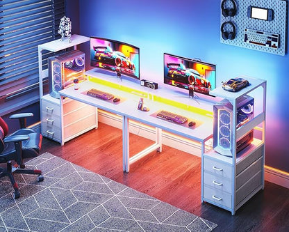 AODK 52 Inch Gaming Desk with USB Charging Ports & LED Light- Reversible Computer Desk with Storage Shelves & Monitor Stand, Modern Gamer Desk Table with Fabric Drawers & Side Hook, Carbon Fiber White