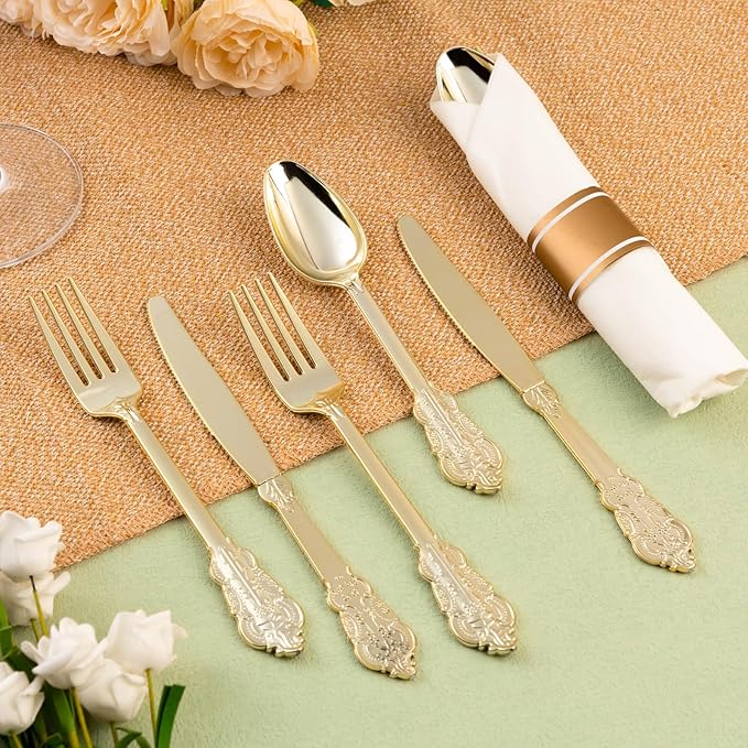 50 Pack Gold Plastic Silverware with Pre Rolled Napkins for 50 Guests, Heavyweight Gold Disposable Utensils Sets Includes 150 Plastic Cutlery, and 50 Napkins for Party & Wedding