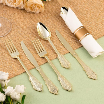 50 Pack Gold Plastic Silverware with Pre Rolled Napkins for 50 Guests, Heavyweight Gold Disposable Utensils Sets Includes 150 Plastic Cutlery, and 50 Napkins for Party & Wedding