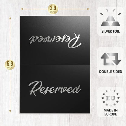 10 Pack Black Reserved Table Signs for Wedding - 3x4 Cardstock Silver Foil Reserved Seating Signs for Weddings - Double Sided Reserved Signs for Tables - Restaurant Table Tent Reservation Cards