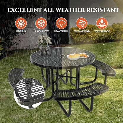 47'' Heavy-Duty Metal Picnic Tables with Umbrella Hole, Outdoor Steel Heavy Duty Commercial Grade Black Table, Outdoor Bench Set for Lawn, Patio, Park, Yard, Garden, Porch (Set A, Round)