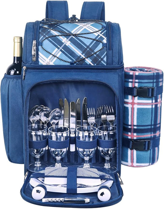 Hap Tim Picnic Backpack for 4 Person with Blanket, Insulated Leakproof Cooler Compartment, Wine Holder, Cutlery Set, Gifts Ideals for Wedding, Housewarming, White Elephant, Bridal Showers(36079-BL)