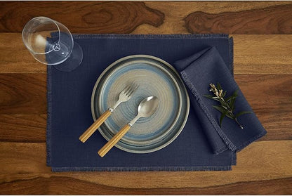 Solino Home Linen Navy Blue Placemats Set of 4-100% Pure Linen Placemats 14 x 19 Inch for Fall, Autumn, Christmas, Holiday, Winter, New Year - Fringe