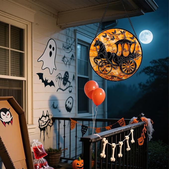 Stained Glass Window Hanging - Halloween Pumpkin Carriage Suncatcher for Doors Window Garden Indoor Spooky Funny Orange Sun Catchers Gothic Decor Horror Gifts for Women Men Friend 9.8 in