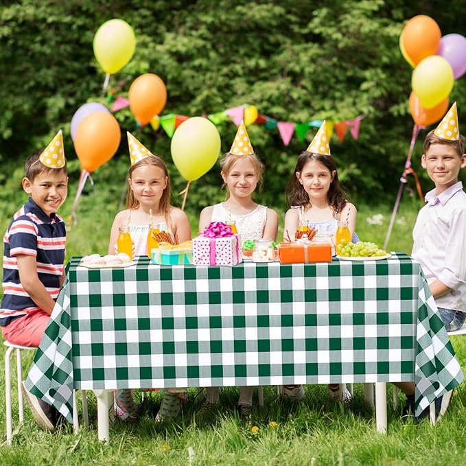 WNINK 2 Pack Green and White Checkered Rectangular Plastic Tablecloths, Green Gingham Waterproof Disposable Table Covers 54" x 108" for Birthday, Wedding, Outdoor Picnic Camping Parties
