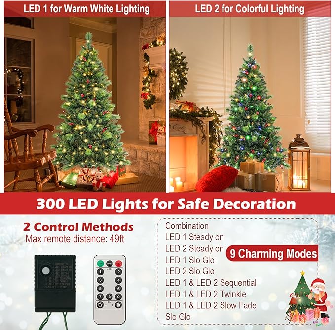 GOFLAME 6FT Pre-Lit Christmas Tree, Hinged Artificial Xmas Tree with Pine Needles, 670 Branch Tips, 28 Clusters of Red Berries, 300 LED Lights, 9 Lighting Modes, 4 Brightness, Remote Control & Timer