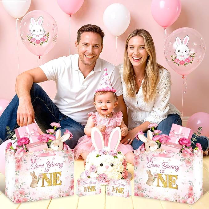 First Birthday Party Decorations for Girls Large Rabbit 1st Birthday Gift Bag Pink Bunny Floral Baby Shower Bag with Handles Tissue Paper Greeting Card for Christmas Some Bunny Is One Party Supplies