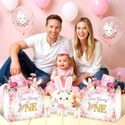 First Birthday Party Decorations for Girls Large Rabbit 1st Birthday Gift Bag Pink Bunny Floral Baby Shower Bag with Handles Tissue Paper Greeting Card for Christmas Some Bunny Is One Party Supplies