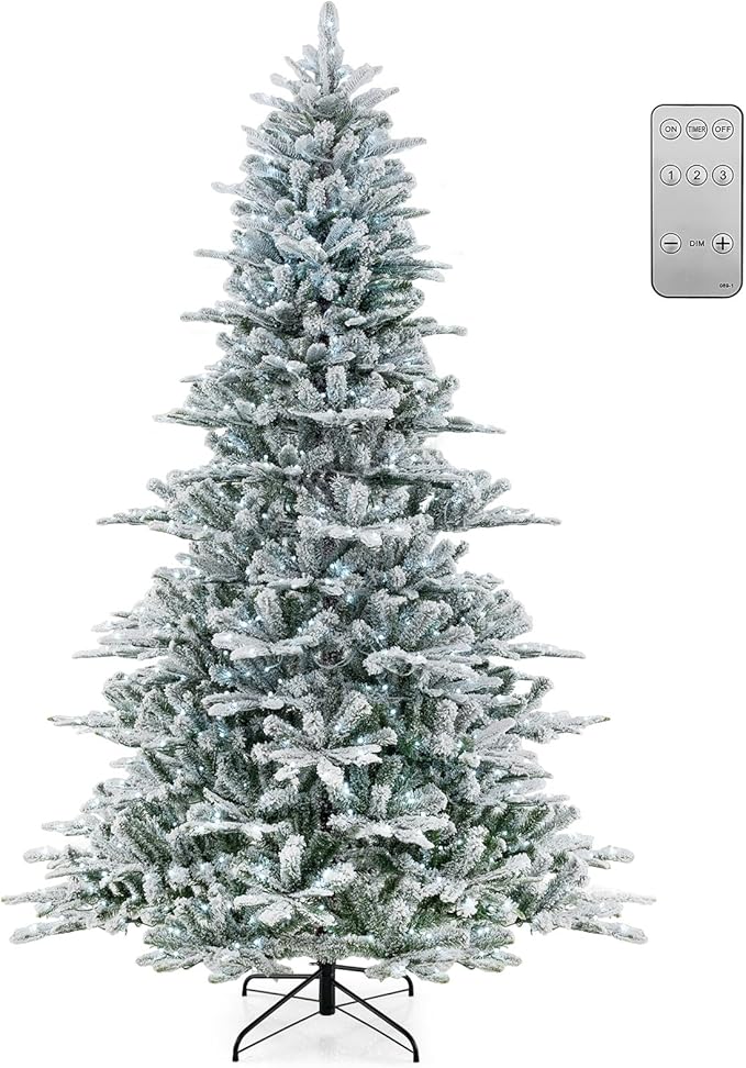 GOFLAME 8FT Pre-Lit Christmas Tree Snow Flocked, Hinged Artificial Xmas Tree with 1447 Branch Tips, 800 Cold White LED Lights, 3 Lighting Modes, Timer, Remote, Holiday Decoration Tree for Home Party