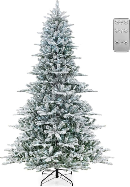 GOFLAME 8FT Pre-Lit Christmas Tree Snow Flocked, Hinged Artificial Xmas Tree with 1447 Branch Tips, 800 Cold White LED Lights, 3 Lighting Modes, Timer, Remote, Holiday Decoration Tree for Home Party