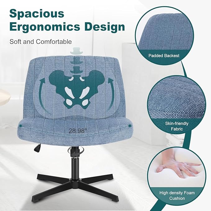 OLIXIS Criss Cross Legged Chairs Armless No Wheels Wide Seat Height Adjustable Swivel Padded Fabric Home Office Desk Seating for Bedroom, Student, Study Room