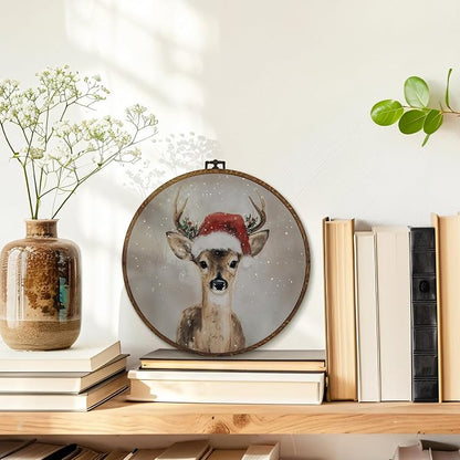 MOTERMATE Vintage Christmas Reindeer Wall Art Decor Round Framed, Rustic Winter Deer Canvas Wall Art Artwork Prints, Winter Xmas Reindeer Hanging Decor Decorations for Home Living Room, 10x10 Inch
