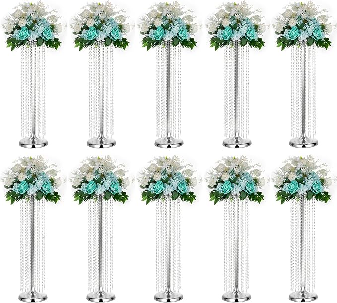 Set of 10 Luxury Crystal Metal Flower Stand - 35.4inch Tall Wedding Centerpieces for Tables, Parties, Wedding Waypoints, Home Decor（Silver,10pcs）