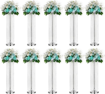 Set of 10 Luxury Crystal Metal Flower Stand - 35.4inch Tall Wedding Centerpieces for Tables, Parties, Wedding Waypoints, Home Decor（Silver,10pcs）