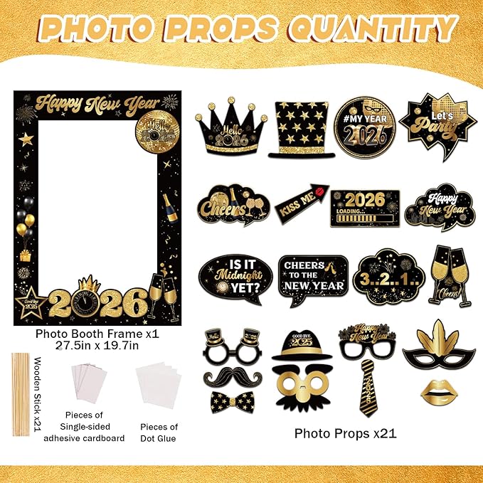New Years Decorations 2026 Photo Booth Props Set Include 1 Photo Booth Frame and 21 Photo Props Black and Gold Happy New Years Eve Party Supplies 2026 for Photography