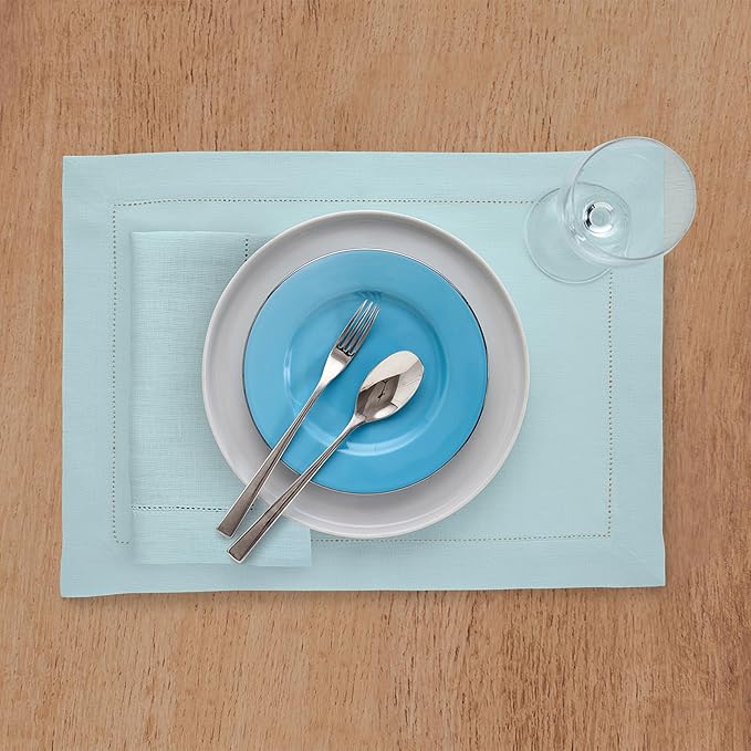 Solino Home Linen Cloth Placemats Set of 4-100% Pure Linen Hemstitch Aqua Blue Placemats 14 x 19 Inch - Classic Hemstitch Table Place Mats