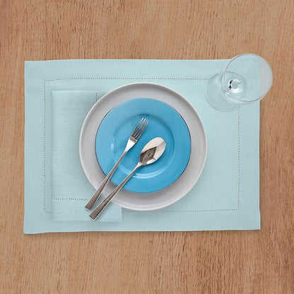 Solino Home Linen Cloth Placemats Set of 4-100% Pure Linen Hemstitch Aqua Blue Placemats 14 x 19 Inch - Classic Hemstitch Table Place Mats