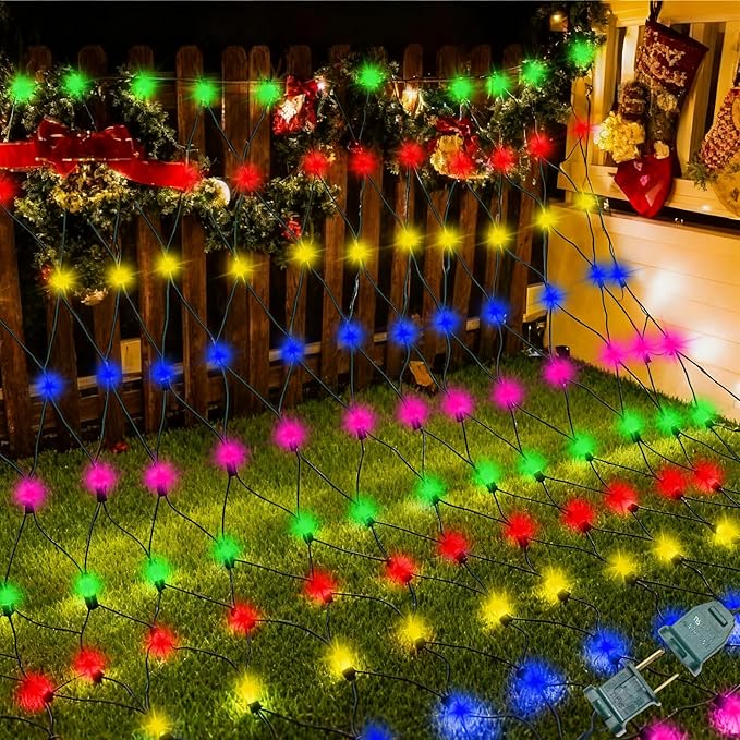 LAMPHOME150 LED Christmas Net Lights Outdoor Christmas Decorations Lights 6ftx4ft, Connectable Outdoor Fairy Mesh String Lights for Party, Wedding, Tree, Bushes Decorations (Multi-Colored)