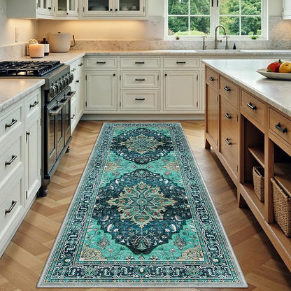 Area Rugs 3'x6' Runner Rug Non Slip Washable for Kitchen Hallway Bedroom Beside Laundry Room Bathroom Rug, Floor Carpet, Teal Green Lake Blue Turquoise