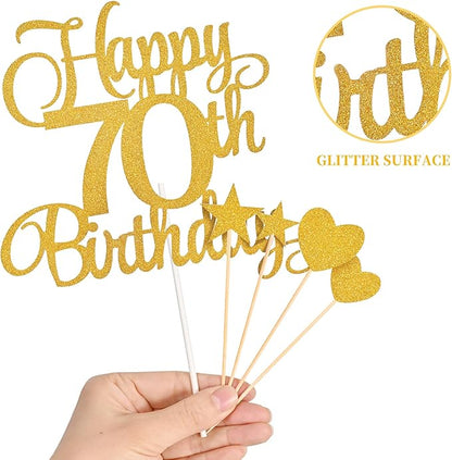 70th Birthday Cake Decorations, 70th Birthday Candles Cake Numeral Candles and Glitter Happy 70th Birthday Cake Toppers Set for Birthday Party Supplies (Gold)