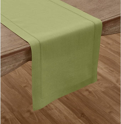 Solino Home Linen Table Runner 108 Inches Long - 100% Pure Linen Moss Green Table Runner 14 x 108 Inch for Fall, Autumn, Winter - Classic Hemstitch