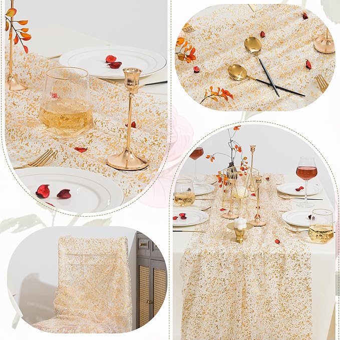 6 Pcs Gold Table Runners, 28In x 10 Ft Sheer Chiffon Tulle Cheesecloth with Glitter Metallic Foil, Golden Sequin Gauze Runner for Wedding, Birthday, Baby Shower, Anniversary Party Decor, Lace
