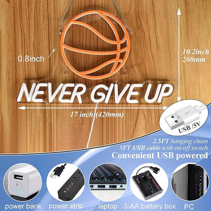 Never Give Up Basketball Neon Signs for Wall Decor,Dimmable LED Neon Light for Room Decor,Boys,Men,17x10.2 inch,5V USB Powered, Sports Neon Signs for Bedroom Classroom ManCave Bar