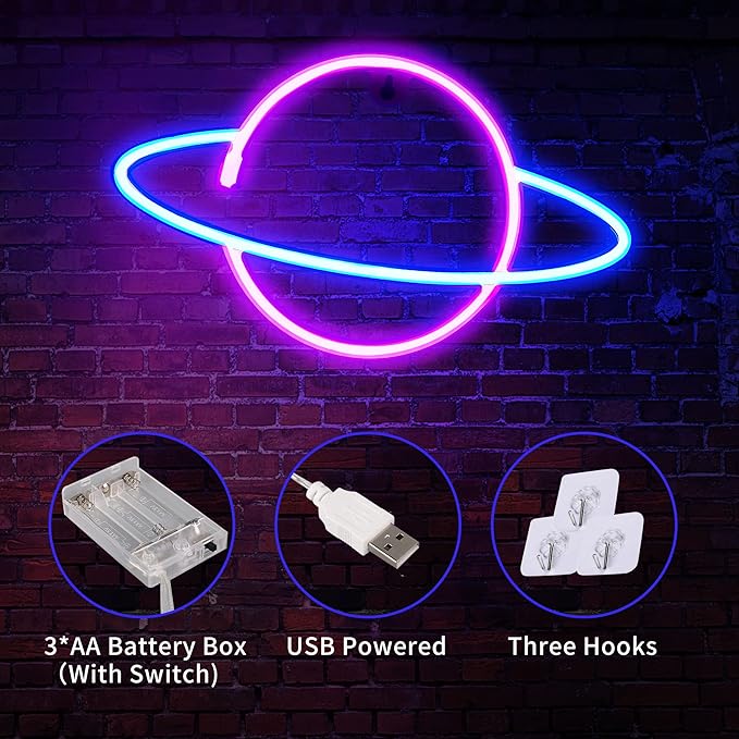 Neon Signs for Wall Decor, 3PCS LED Neon Lights for Bedroom,USB or Battery Powered Light Up Space Element Alien Planet Rocket for Kids,Teen Boys,Gaming Room,Bar,Birthday,Cool Decoration Aesthetic