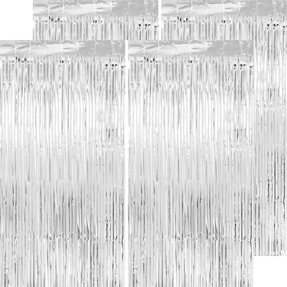 Christmas Decorations Thicken Silver Streamers, 4 Pack 3.2 x 8.2 FT Silver Tinsel Backdrop Curtains, Foil Fringe Photo Backdrop for Birthday, Bachelorette, Prom, Engagement, Disco Party Decorations