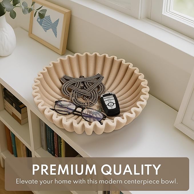 12" Extra Large Decorative Bowl – Modern Handmade Bowls for Home Decor, Decorative Fruit Bowl for Kitchen Counter, Ruffle Decor, Stylish Key Bowl for Entryway Table, Beige Artificial Stone