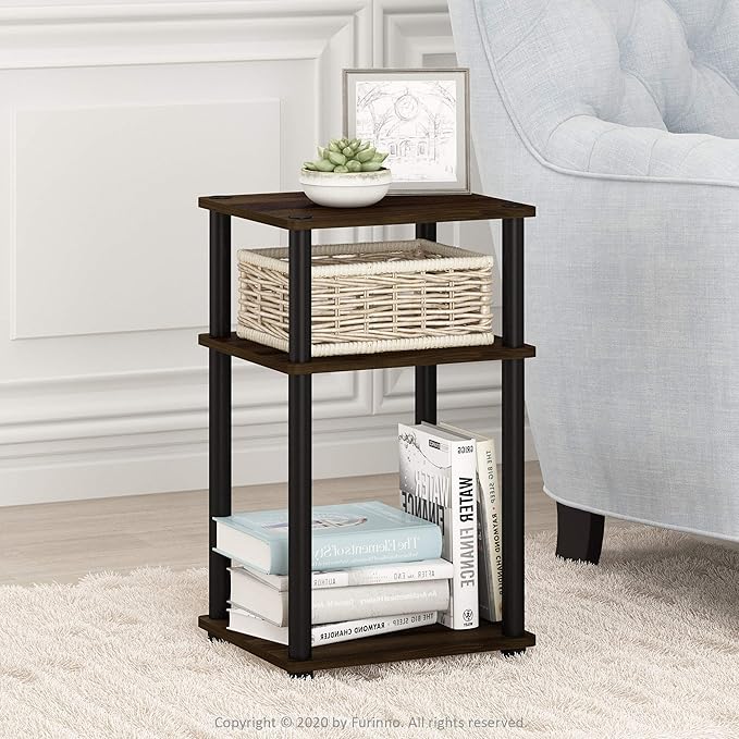Furinno JUST Side Table, 3-Tier End Table, Open Shelves Night Stand, Bedside Table, Toolless Assembly, for Living Room, Bedroom, Bathroom, Columbia Walnut