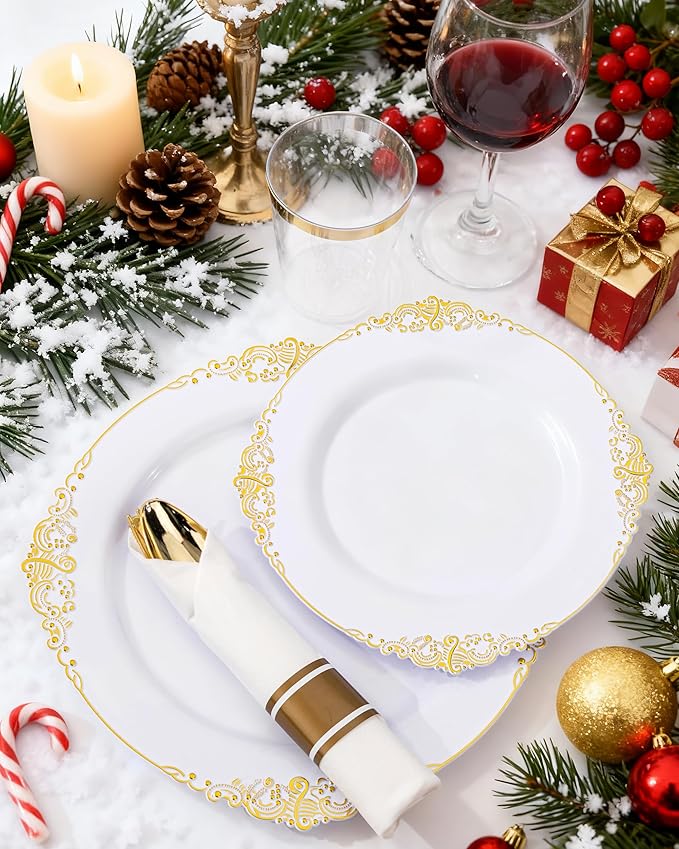 Nervure 350PCS Gold Plastic Plates - Gold Plastic Dinnerware Sets for 50 Guests - 100 Disposable Plates, 150 Silverware, 50 Cups, 50 Napkins for Wedding & Party & Thanksgiving
