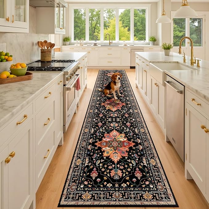 Area Rugs 3'x10' Runner Rug Non Slip Washable for Kitchen Hallway Bedroom Beside Laundry Room Bathroom Rug, Floor Carpet, Black Colorful Floral Dark Tan