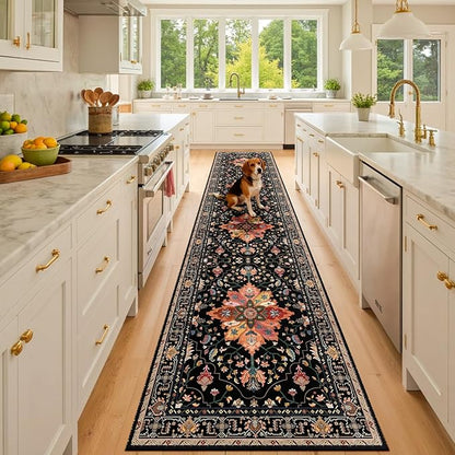 Area Rugs 2'x10' Runner Rug Non Slip Washable for Kitchen Hallway Bedroom Beside Laundry Room Bathroom Rug, Floor Carpet, Black Colorful Floral Dark Tan