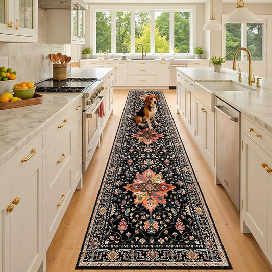 Area Rugs 2'x10' Runner Rug Non Slip Washable for Kitchen Hallway Bedroom Beside Laundry Room Bathroom Rug, Floor Carpet, Black Colorful Floral Dark Tan
