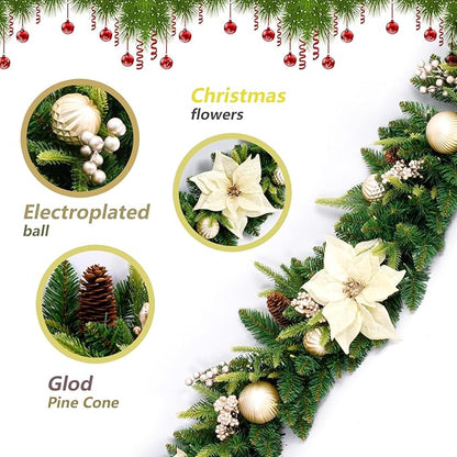 Pre-lit 9 FT LED Christmas Garland with Gold Flower and Berries, Multi-Function Christmas Garland with 50 Warm White LED Lights for Mantle Fireplace Staircase Porch Decor