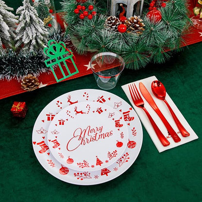 Liacere 175PCS Red and White Disposable Christmas Plastic Plates - Include 25 Dessert Plate, 25 Dinner Plates, 25 Knives, 25 Spoons, 25 Forks, 25 Cups, 25 Napkins for Christmas Party