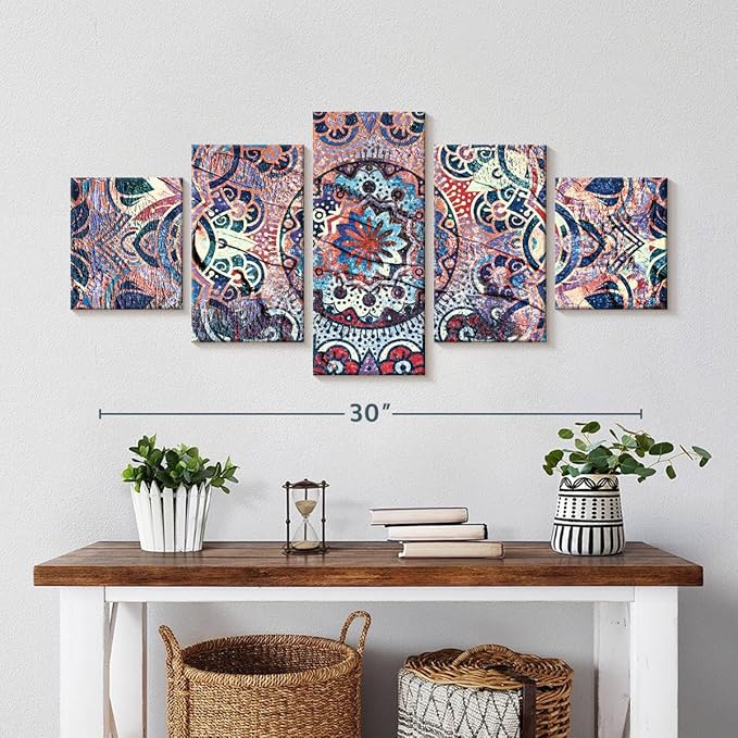 ElephantStock - Mandala Enchantment Wall Art - Horizontal Multi Panel Canvas - 5 Piece Living Room Wall Decor - Digital Art Elements Multi Piece Wall Art - Blue And Beige Decor - 36" x 15"