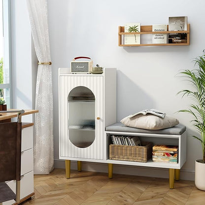 HLR Storage Bench with Glass Door&Shelf, Modern Entryway Shoe Cabinet Bench with Padded Seat, L-Shaped Storage Cabinet for Hallway, Bedroom, Living Room, Office, White