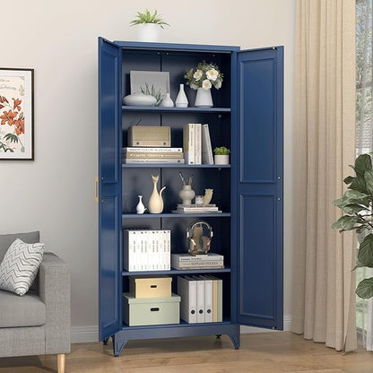 Kitchen Pantry Cabinet,75”Blue Metal Storage Cabinets with Doors and 4 Adjustable Shelves,Kitchen Cabinet with 2 Gold Handles,Tall Cabinet for Livingroom,Pantry, Bathroom